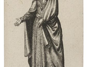 Print of standing woman wearing long shawl and dress. 