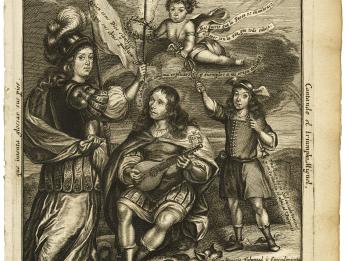 Print portrait of seated figure with a dragon under his feet and an angel above him, next to an armed figure standing and holding a flag, and a boy pointing to the angel, with Spanish text around the edge and in several places in the scene. 