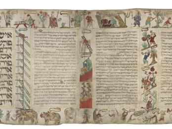 Scroll manuscript page with Hebrew text in four columns, with illustrations on top of figures seated talking to each other, working by a tree, and walking; the middle sections feature ladders and people working on trees; the bottom features elephants and rhinoceroses. 