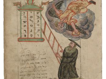 Manuscript page with illustration of man on a ladder and angel above him, with Hebrew text beneath. 