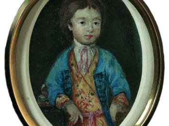 Portrait painting in circular frame of boy leaning to one side and facing viewer. 