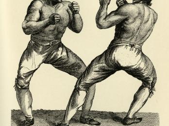 Etching of two men boxing.
