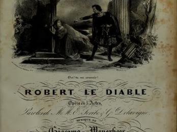 Title page of score featuring a man pointing downward at a woman who is on the ground gripping a cross.