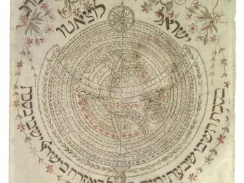 Paper with Hebrew text in the shape of an astrolabe. 