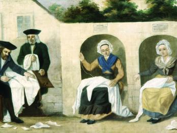 Painting of men cutting cloth and women sewing. 
