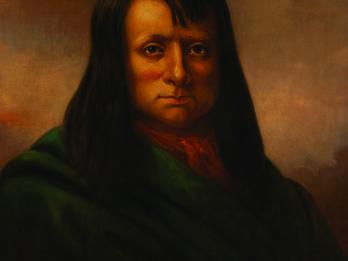 Portrait painting of man with long hair and necktie facing viewer.