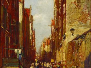Painting depicting figures walking down a stone city street.