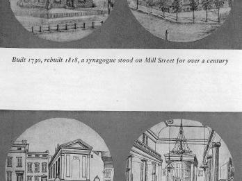 Two circular drawings of exterior of building surrounded by fence and trees and English caption; two circular drawings, one of exterior of buildings side-by-side and the other of interior of building with columns and balcony, with English caption underneath.  
