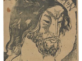 Linocut of man in profile with short beard, long hair, stern expression and downward gaze angled to his left.