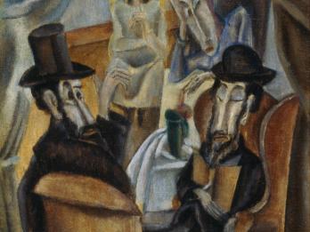 Painting of two male figures in hats sitting on chairs opposite one another in foreground and two women sitting in the background.