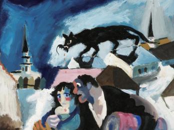 Painting of fearful father, mother, and two children in the foreground outside of city buildings, and large cat with a rat in its mouth on top of the buildings in the background.