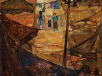 Abstract painting of camp with many tents and a luminous rectangular area in middle featuring three figures including a mother and child and a clothesline between the tents.