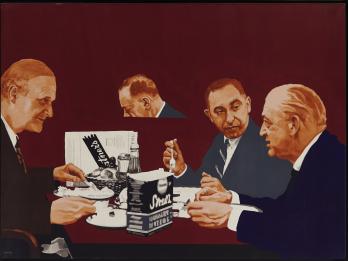Painting featuring three men in suits sitting at a table in a restaurant eating and gesticulating.