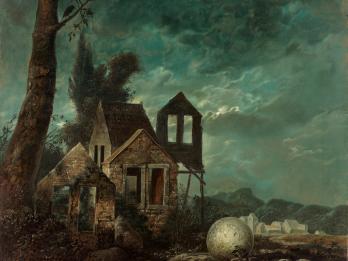 Surrealist painting depicting atmospheric dreamscape of house facades on the left side, next to a large tree and moon-like object on ground in the middle of the painting. 