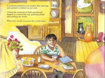 Painting of child sitting at a kitchen table filled with books and objects, with doorway with cats sitting on either side in the background, and English text above that describes the colors of nature. 