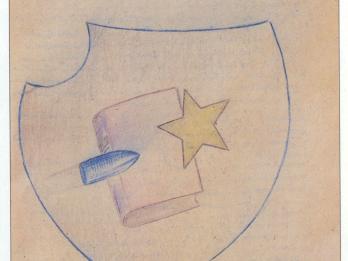 Drawing of a shield with a book, a bullet, and a star over it, and the title "Vedem" across the top. 