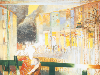 Painting of man with head down and arm draped over bar in front of buildings and a giraffe head leaning over the wall next to his cheek.