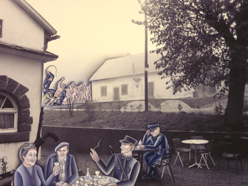 Mixed media on photolinen depicting man, woman, and guard having a drink at an outdoor table and a guard seated at another table behind them, and nude figures beaten by another guard in the background. 