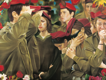 Painting of young men and women wearing military uniforms and berets, facing various directions with upset expressions.