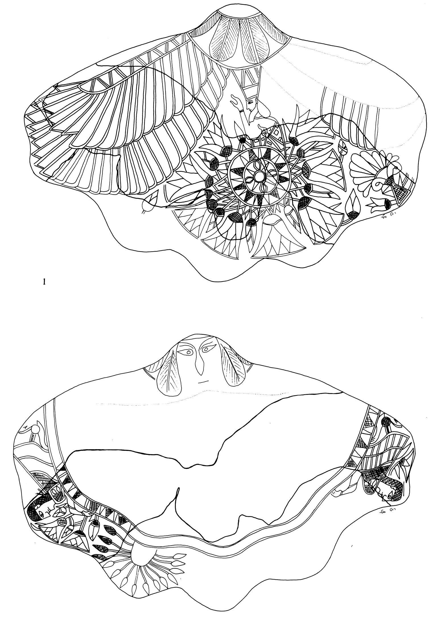 Drawing of clam shell inscribed with fronds, figure in crown, and geometric patterns, above another drawing of clam shell inscribed with face in center, and winged sphinxes, lotuses, and floral motifs around the edge. 