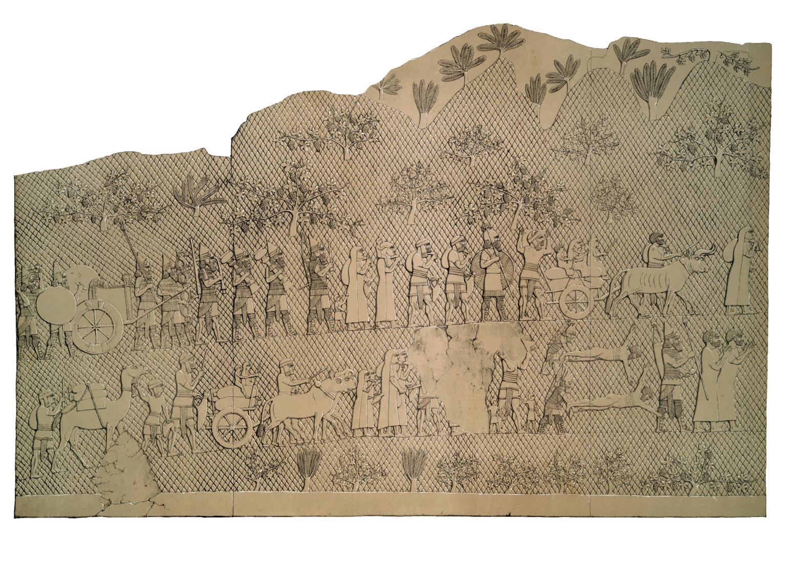 Relief of two rows of soldiers marching interspersed with women in head coverings, bulls, naked figures, and people and bundles on wagons. 