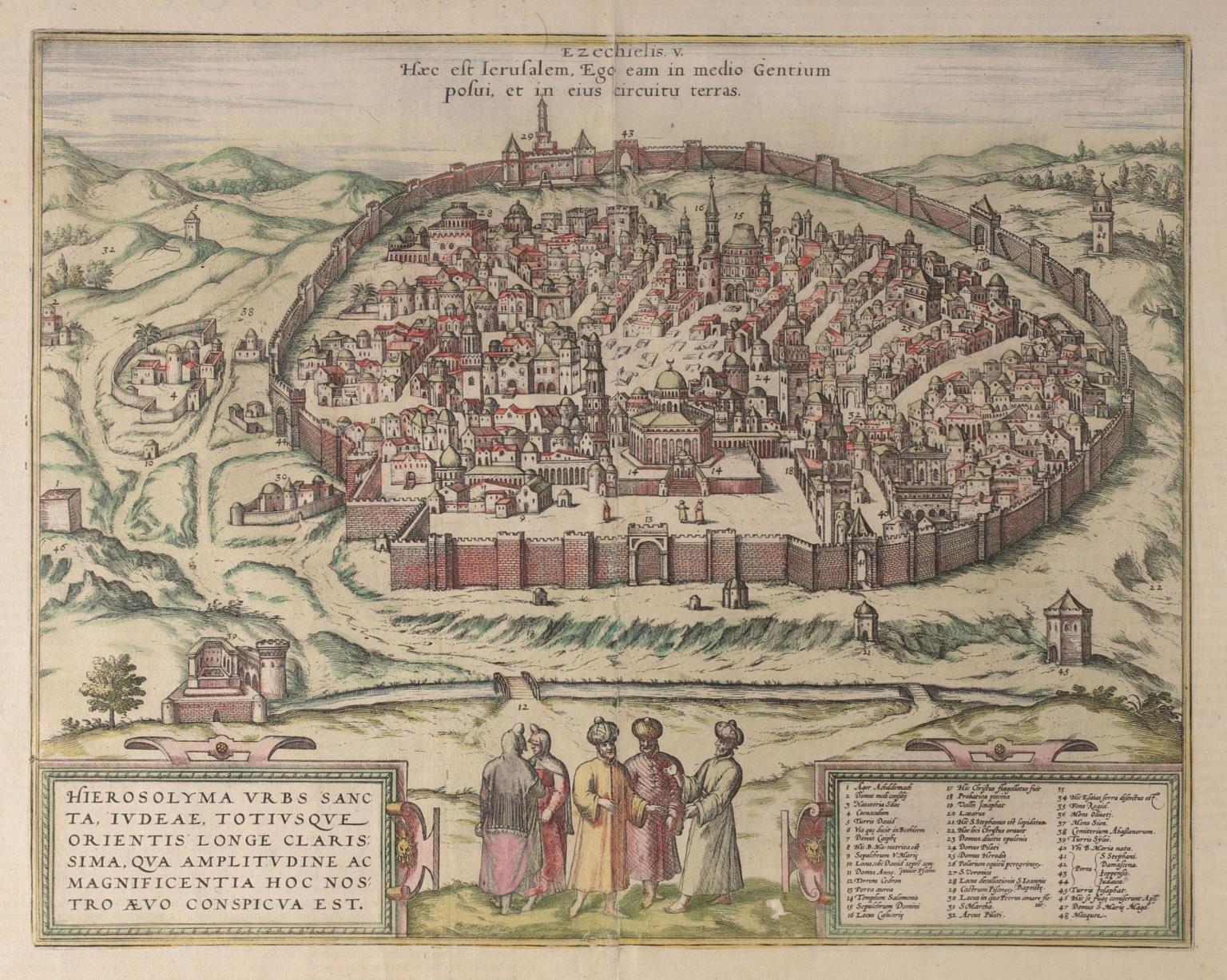 Print of walled city surrounded by hills, and two figures in forefront, with Latin text above and below image. 