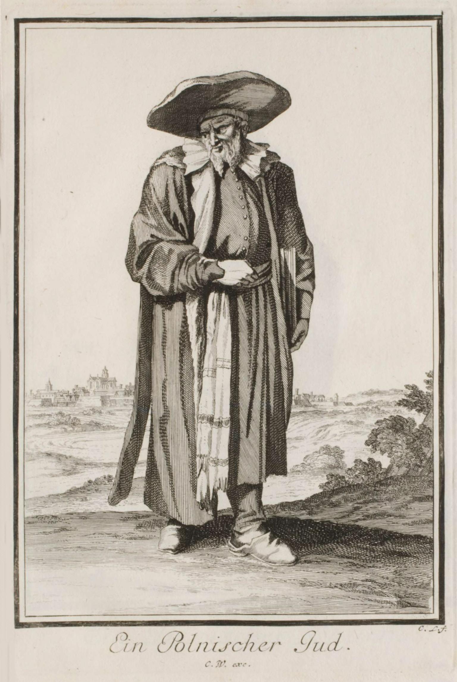 Print of man standing wearing wide-brimmed hat.