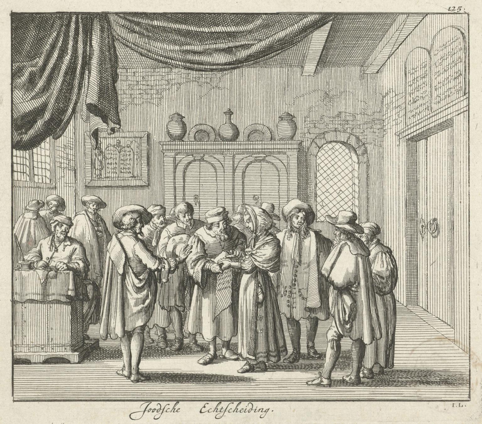 Print image of men and one woman in room, next to man sitting at raised desk. 
