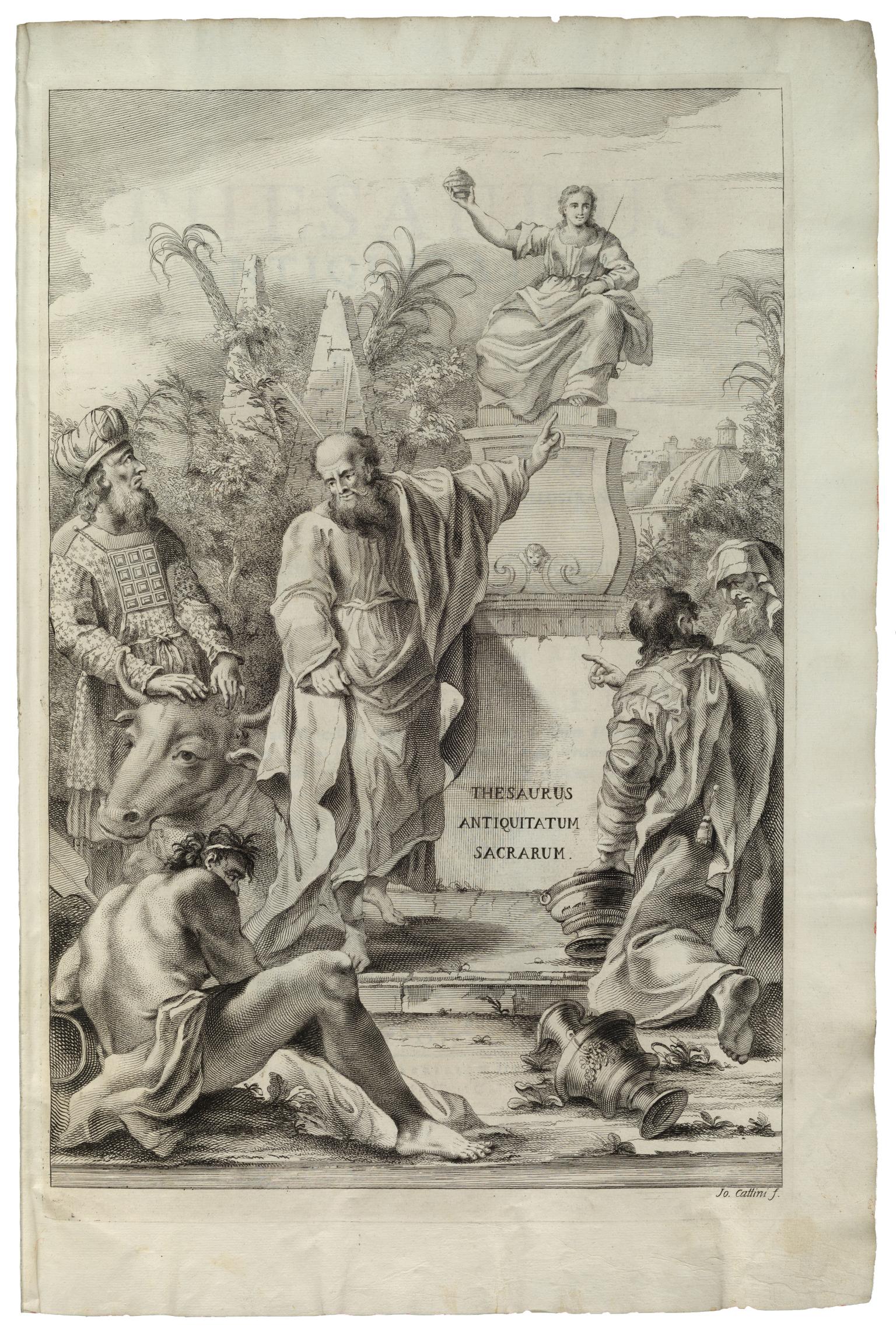 Printed page with male figures in various poses with one pointing to a sculpture in the background of seated figure on pedestal with Latin text on it. 