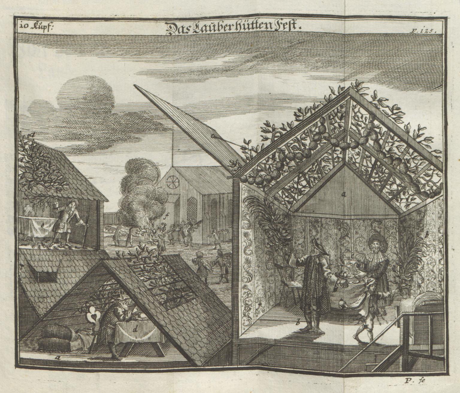 Print of several tabernacles with people inside in the foreground and a bonfire in the background. 