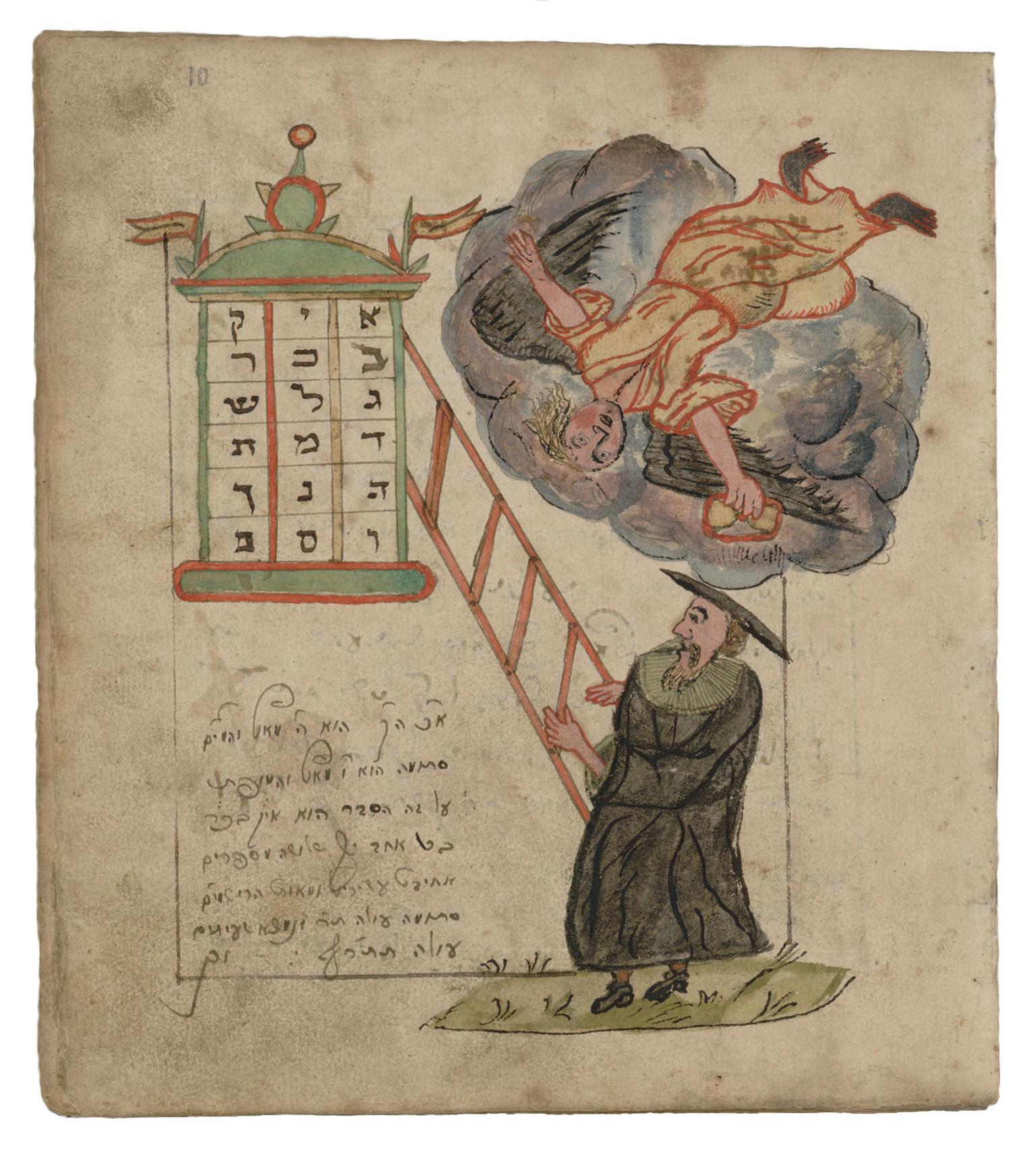 Manuscript page with illustration of man on a ladder and angel above him, with Hebrew text beneath. 