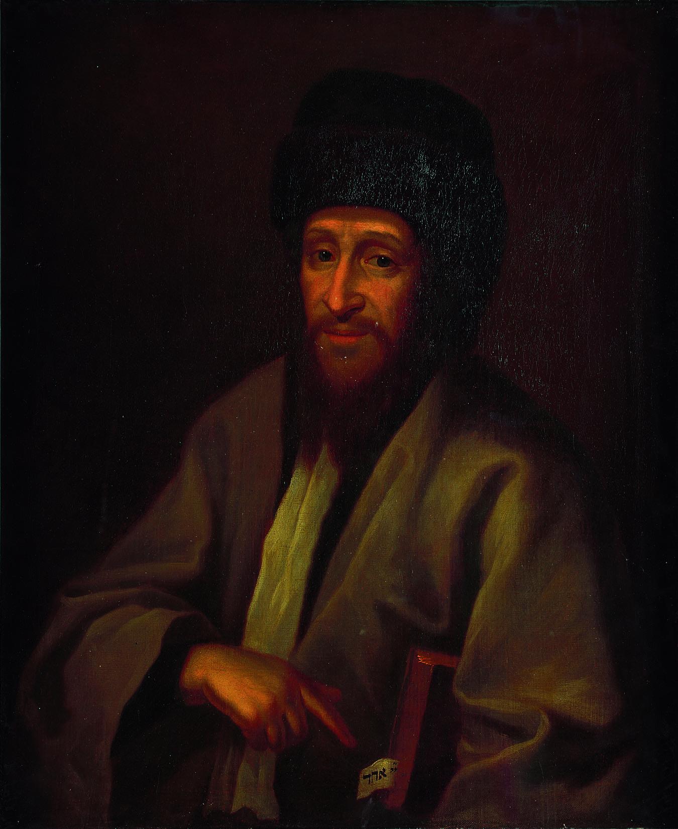 Portrait painting of man in hat facing viewer and pointing toward a book tucked under his arm with slip of paper with Hebrew text.