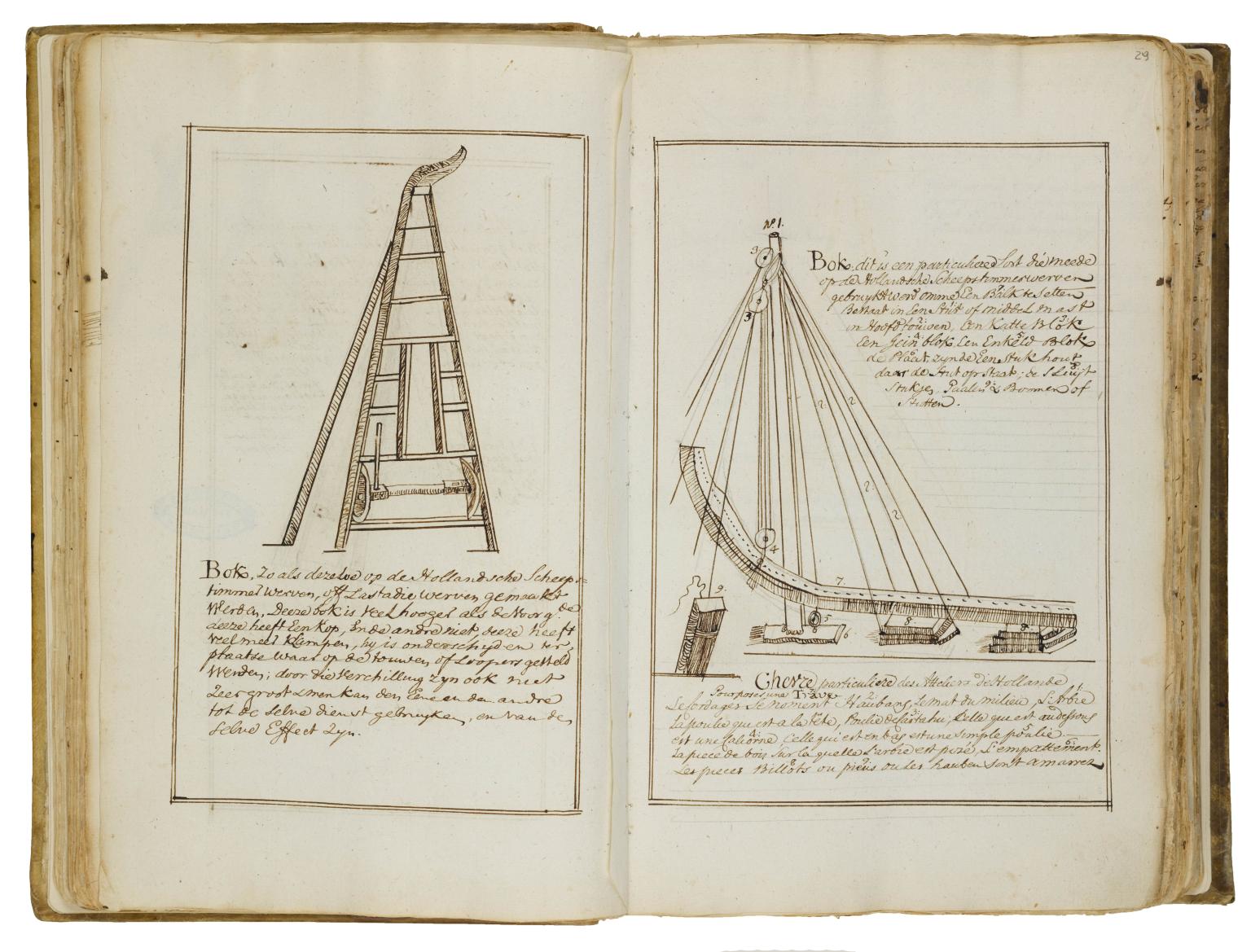 Facing-page text with drawing of ladder on left side and Dutch writing underneath, and drawing of ship part on right side with Dutch text above and below.