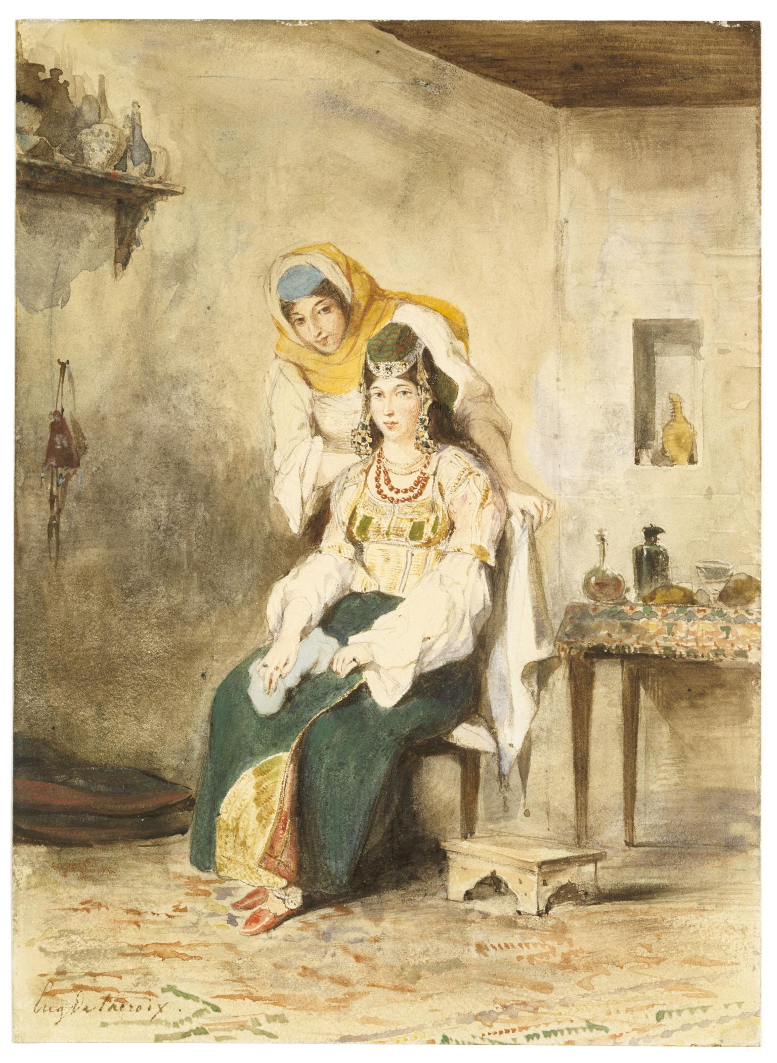 Watercolor featuring seated young woman in beaded headdress and flowing dress, and another woman in shawl leaning over her. 