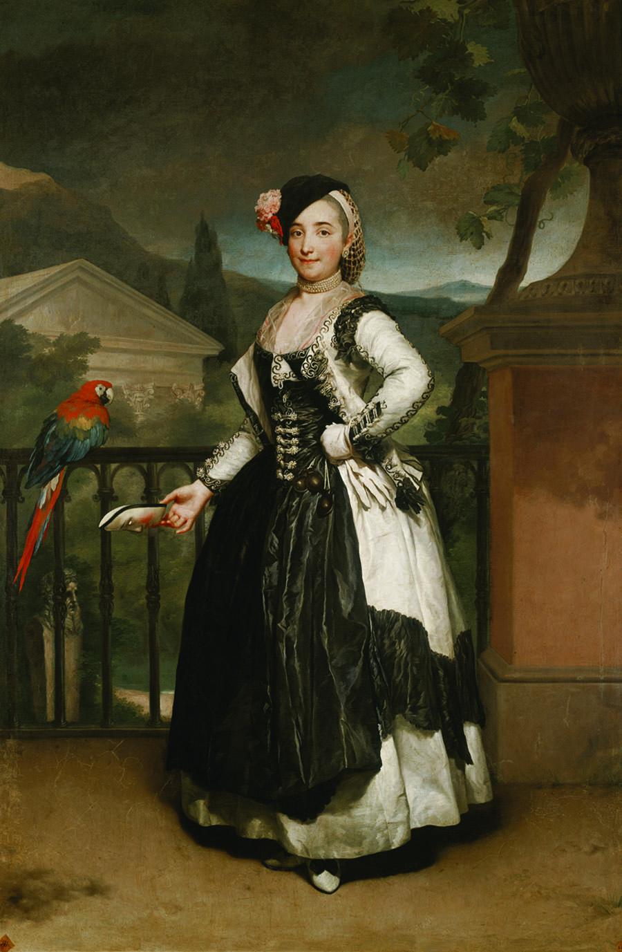 Full body portrait painting of woman wearing gown and hat standing in front of a railing next to parrot.