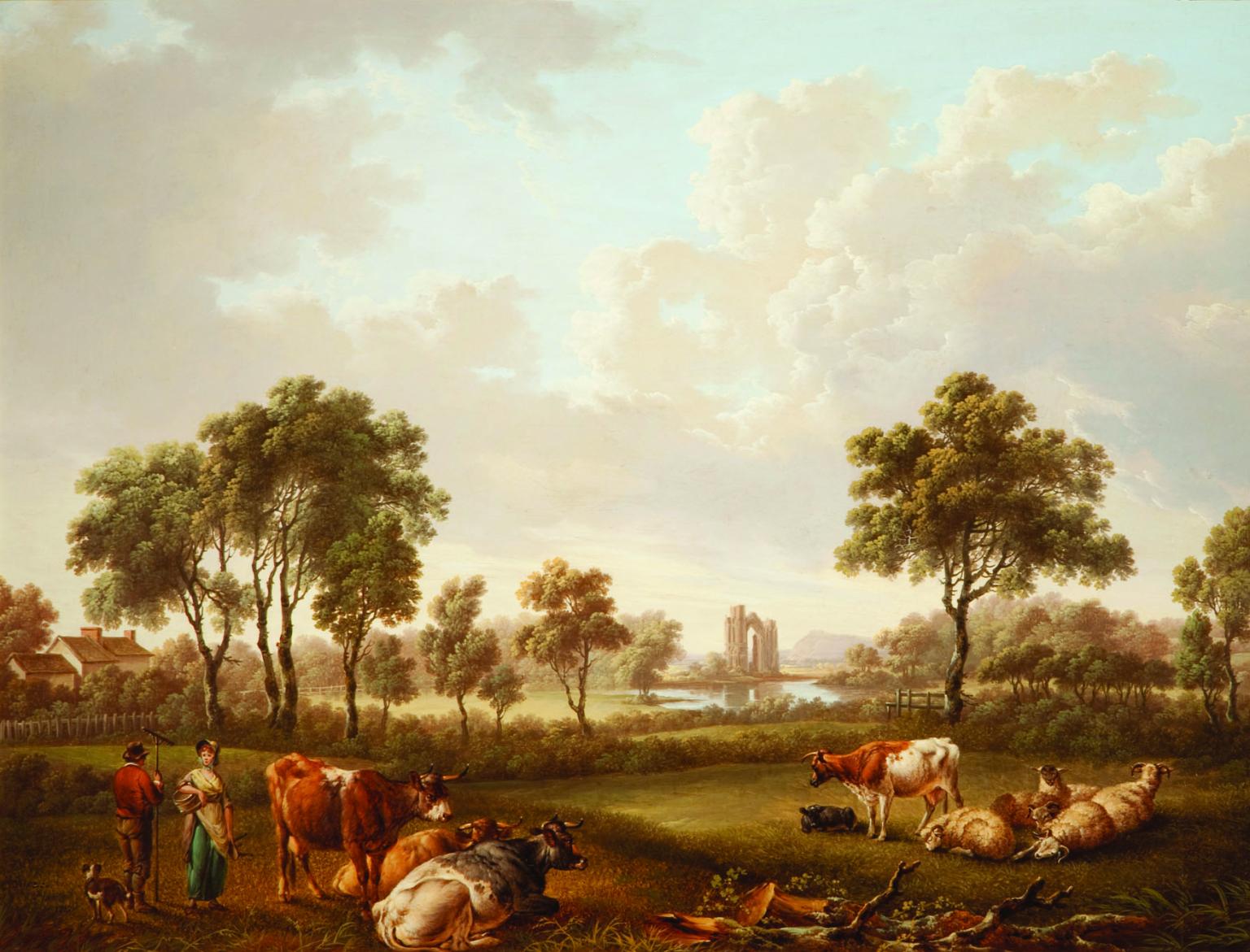 Rural landscape painting with house and lake in the background, and cows, a man, a woman, and a dog in the foreground.