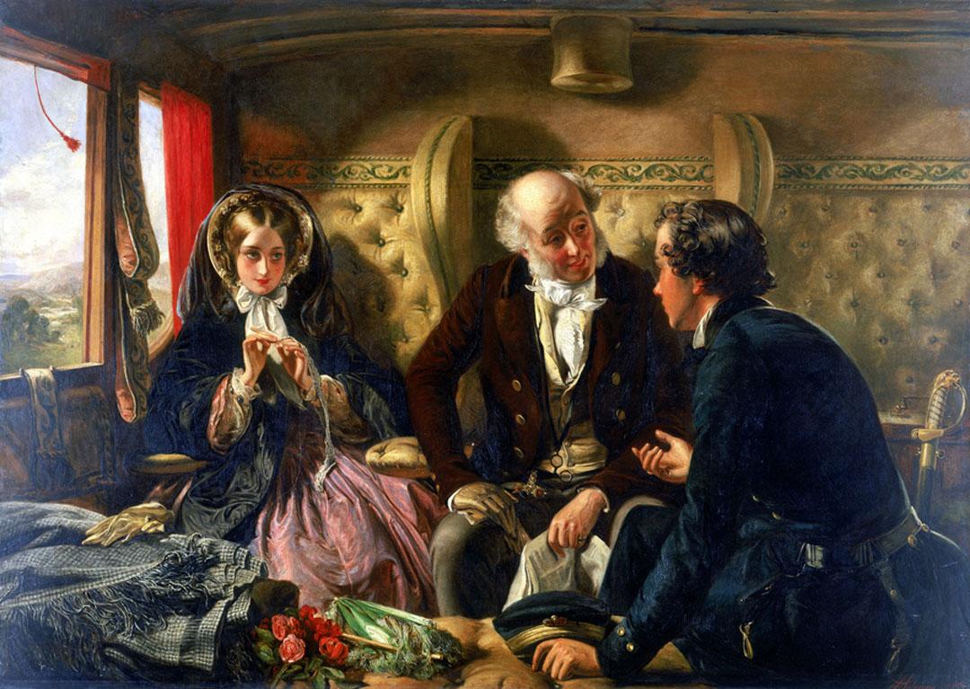 Painting of woman and two men in fancy train car. 