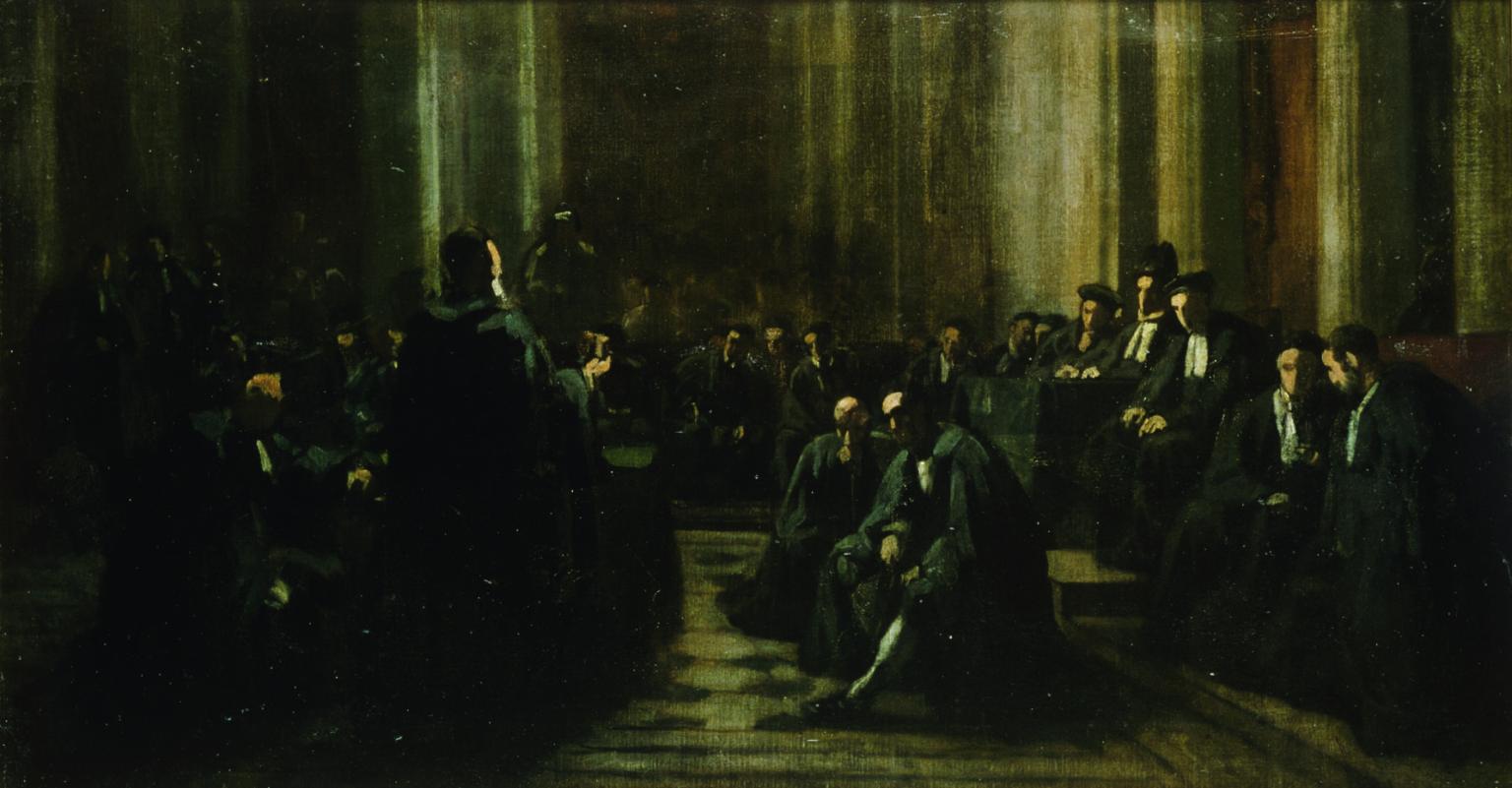 Painting of men seated in dark room and one central figure standing.