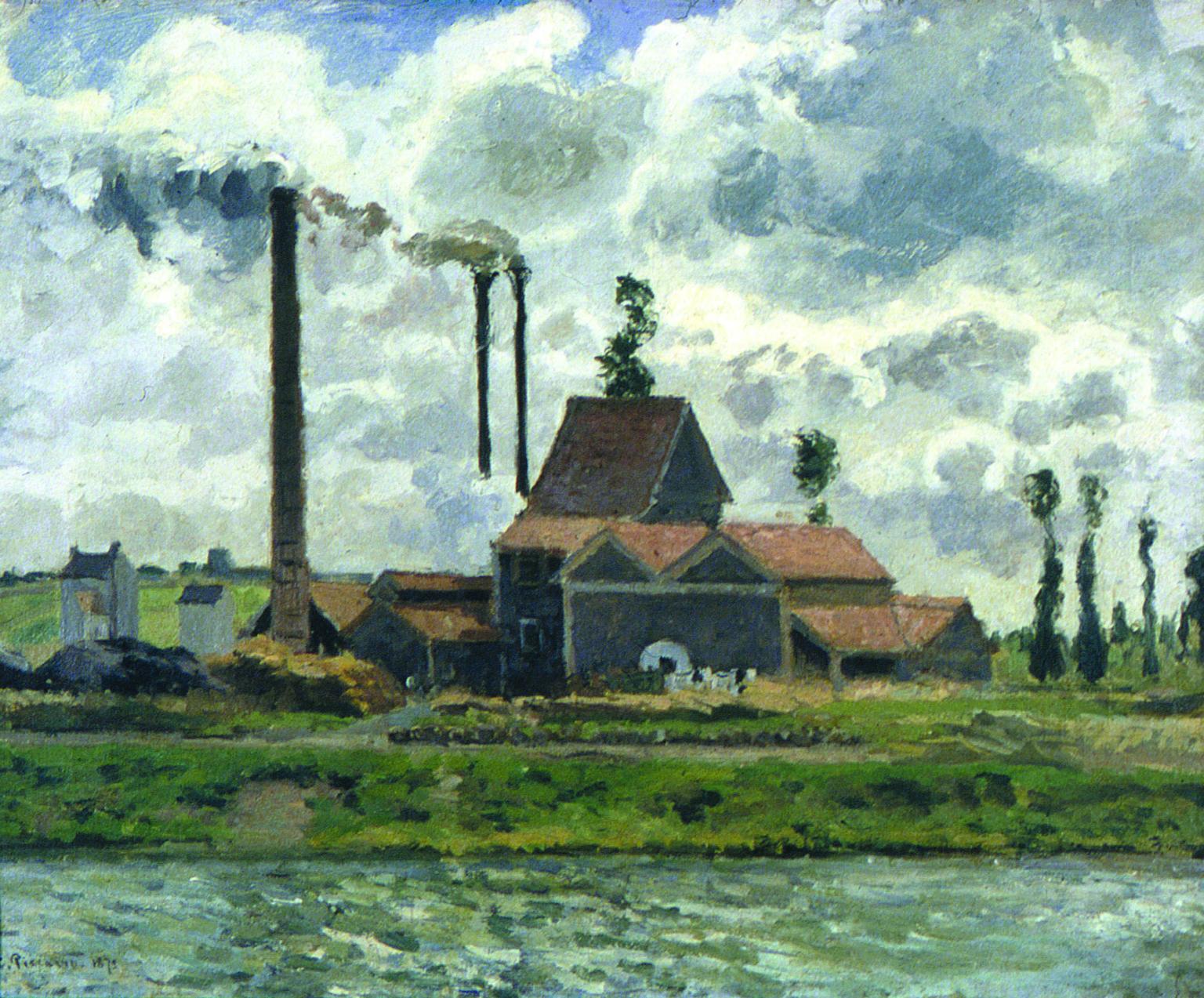 Painting of factory in background and water in foreground. 