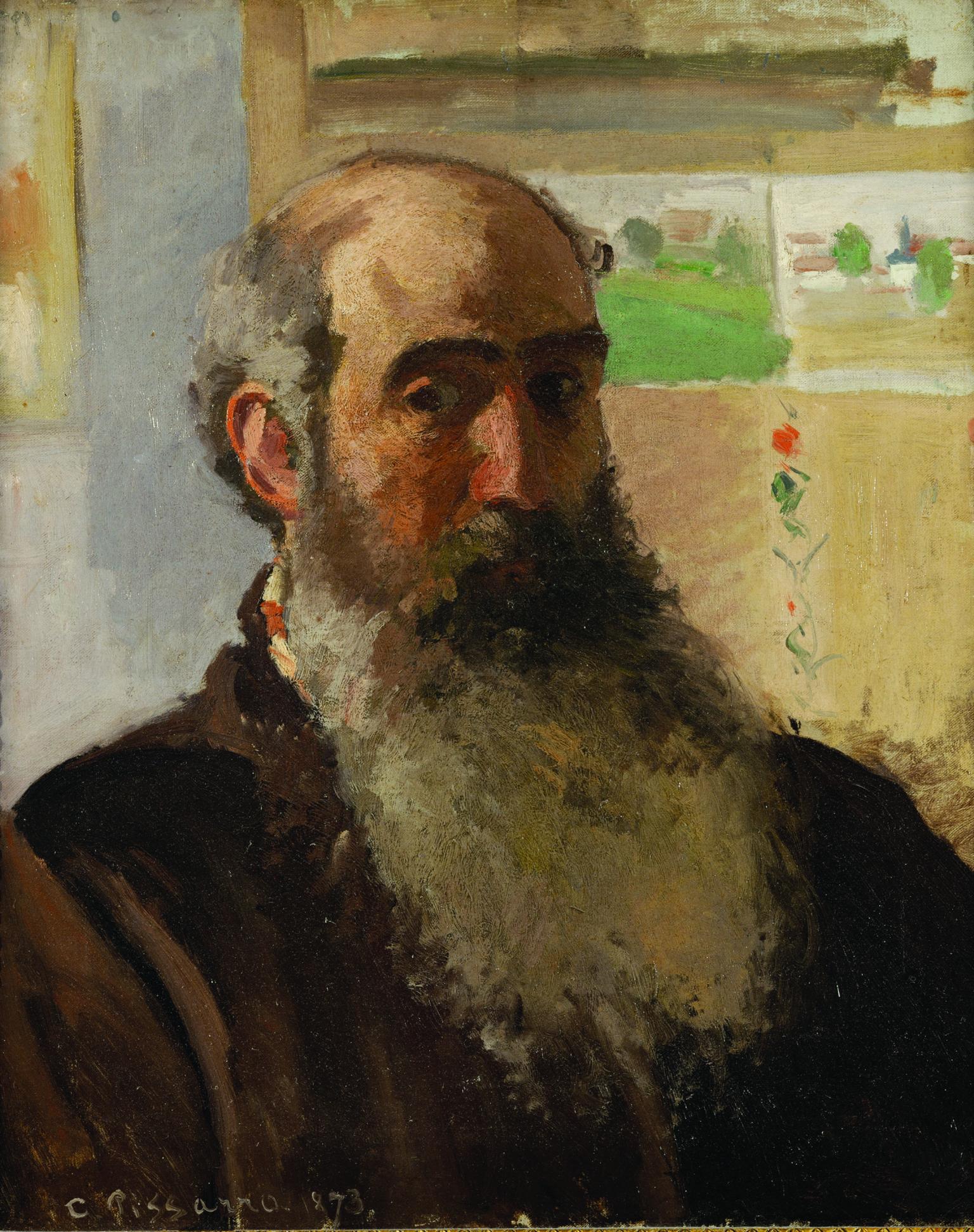 Self-portrait painting of bearded man facing viewer.
