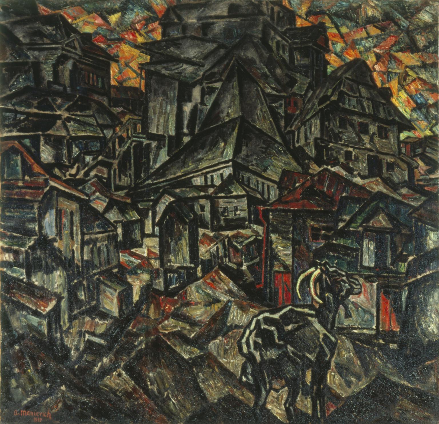 Angular painting of cityscapes with many buildings, empty streets, and goat in the foreground.