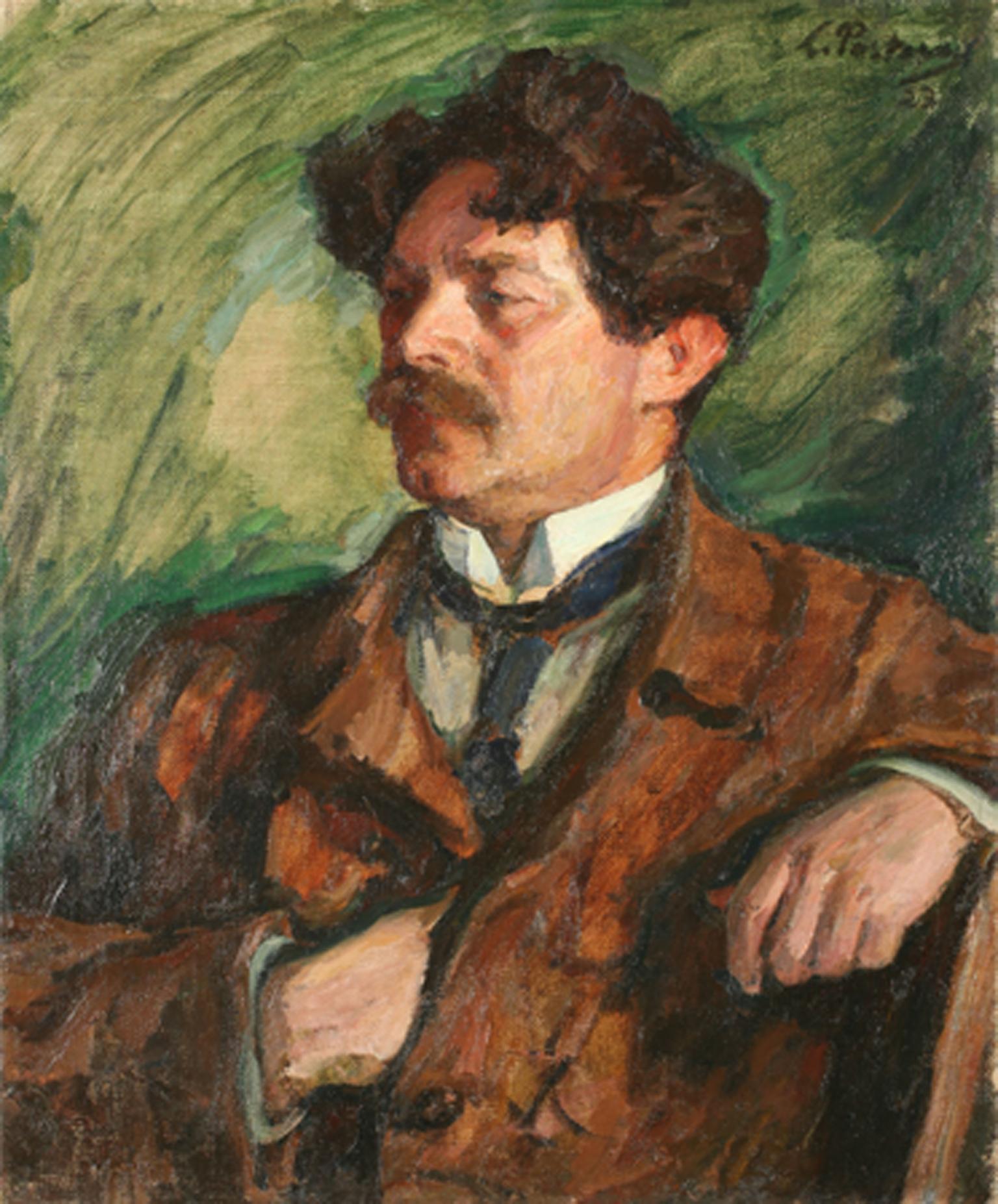 Portrait painting of man wearing a suit and gazing toward the right with one hand tucked under his coat lapel.