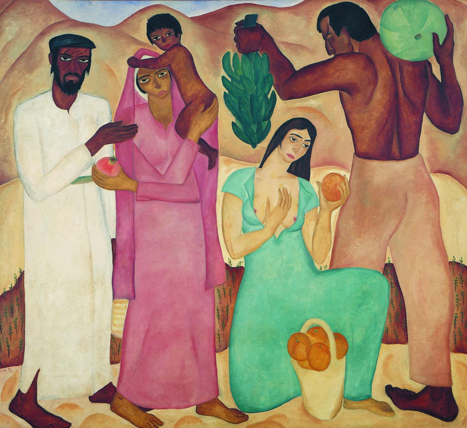 Painting of men, women and children holding fruit in desert. 