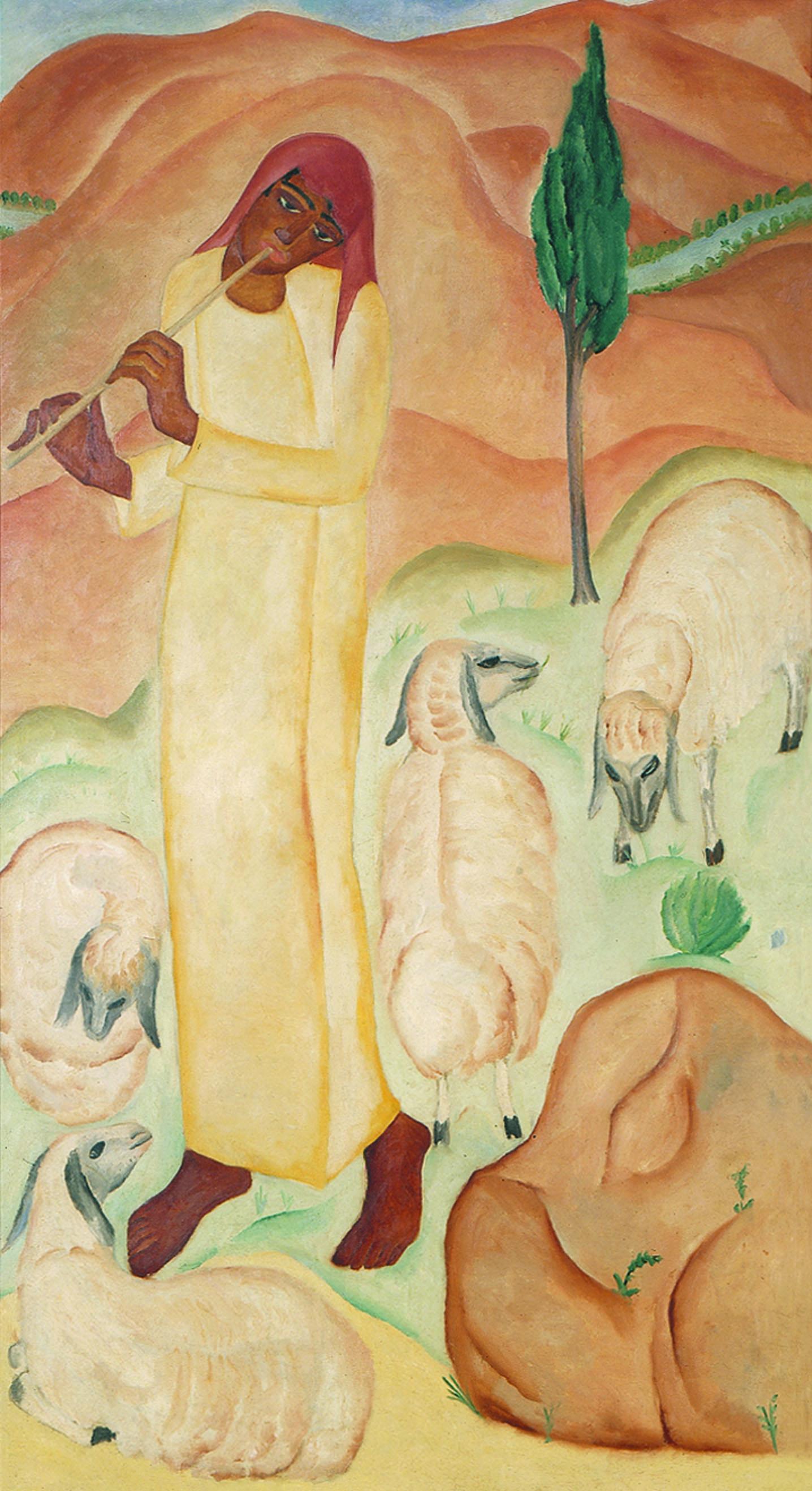 Painting of man playing flute to animals in desert. 