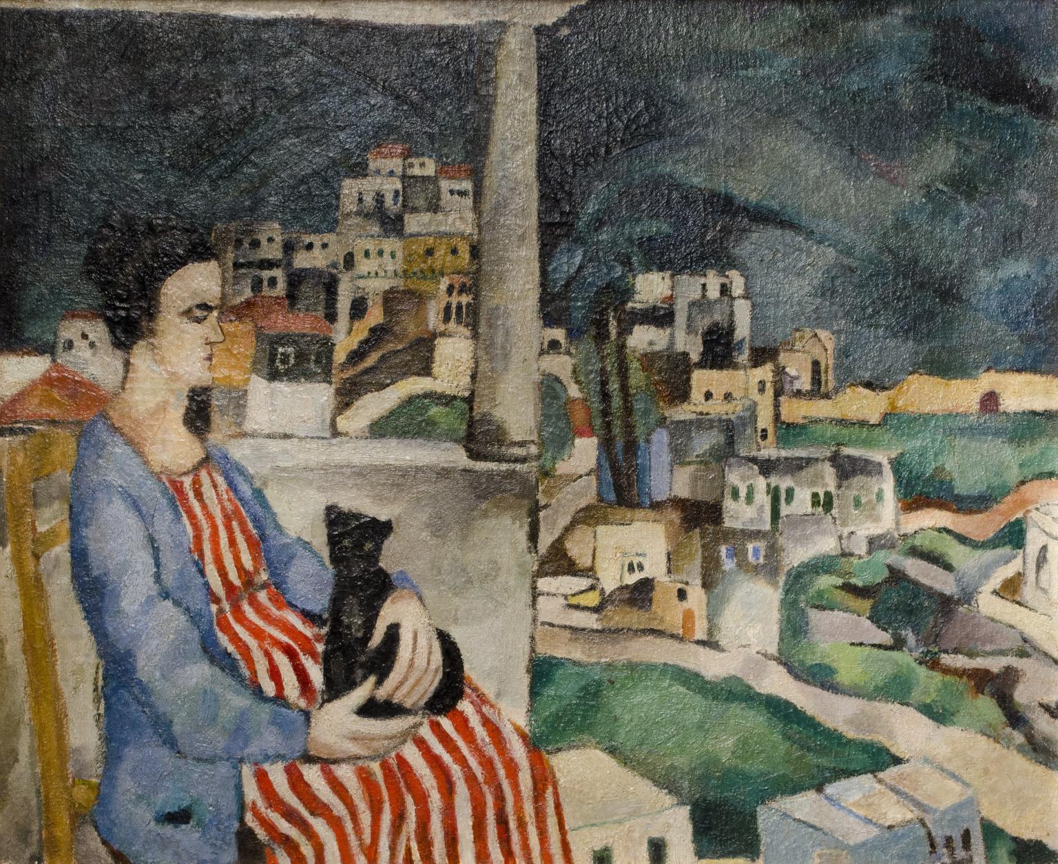 Painting of woman sitting on balcony with cat in her lap overlooking the city.