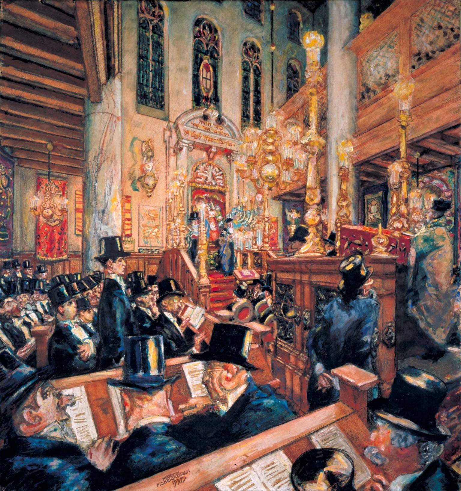 Painting of men wearing top hats seated and standing in crowded, decorated room with columns and Torah ark in background. 