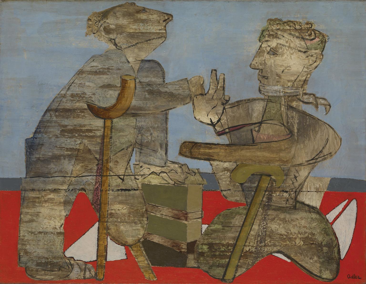 Painting of two mutilated soldiers with crutches, one with no legs and the other with one leg.