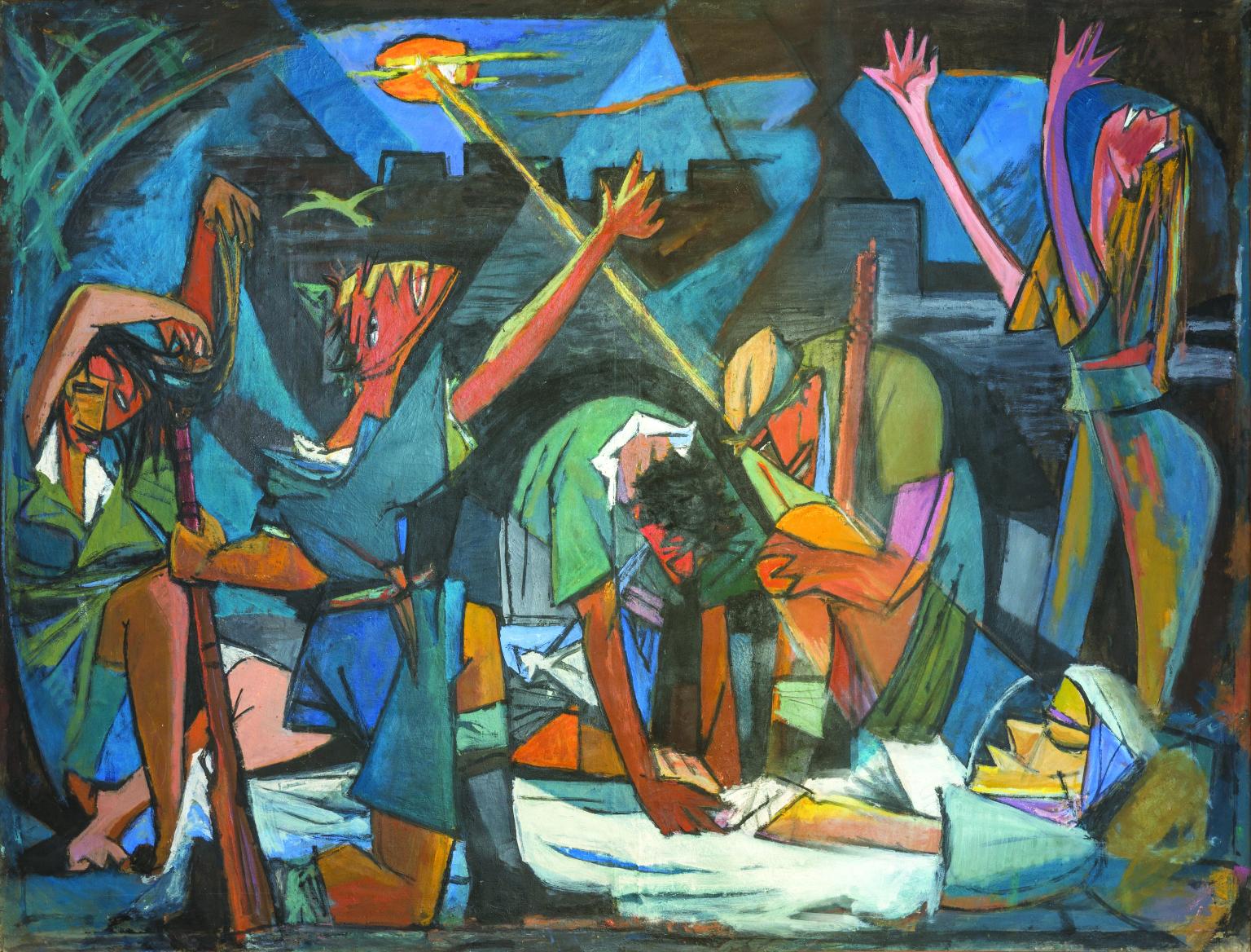 Abstract painting of figures made up of geometric shapes with arms raised and distraught expressions standing over figure lying in middle of floor in white robes.