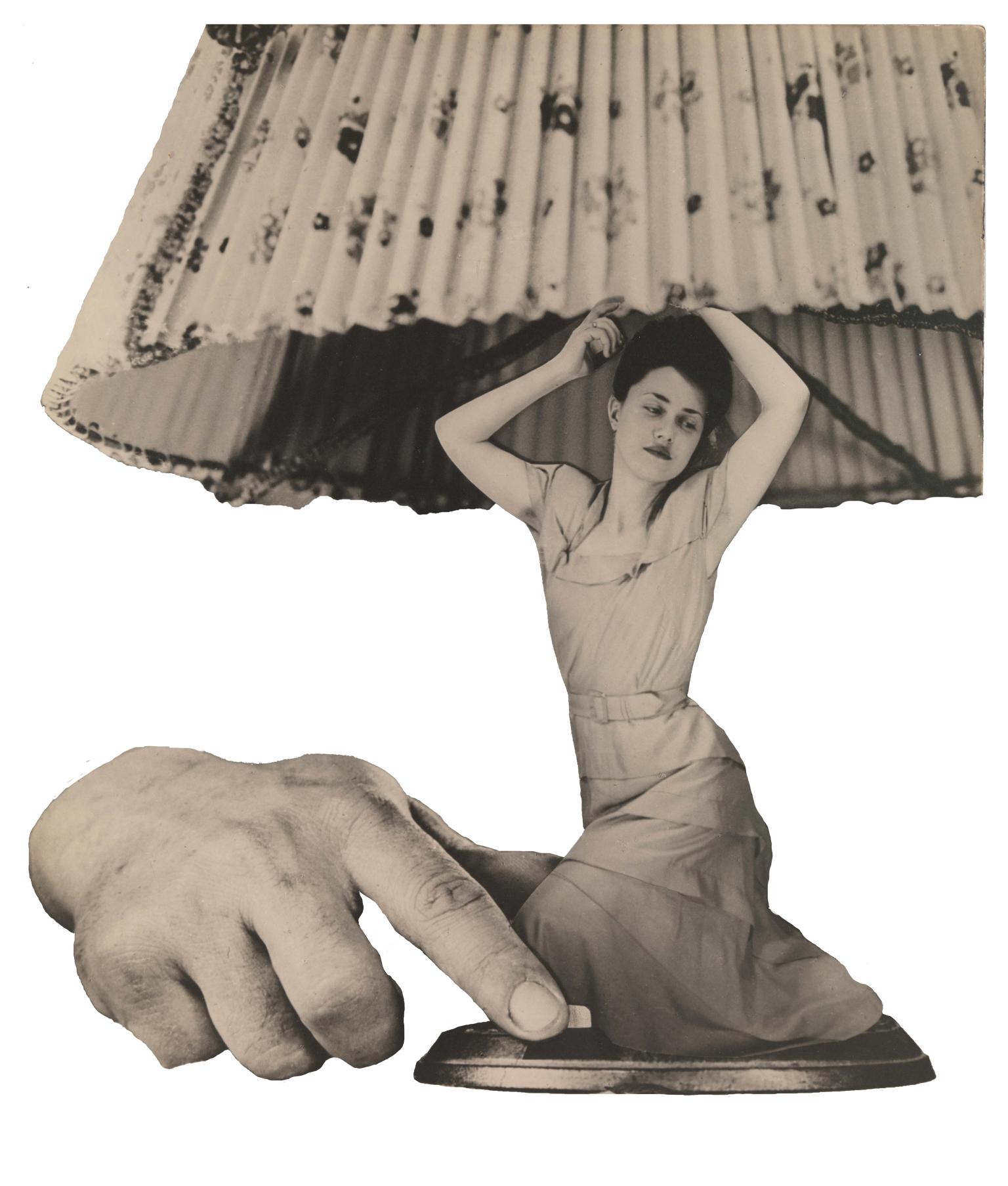 Photomontage featuring male hand grabbing the base of a lamp. The lamp base is a woman wearing a dress.