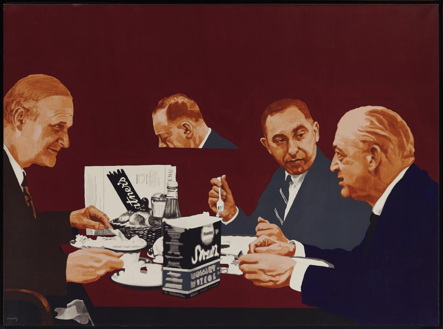 Painting featuring three men in suits sitting at a table in a restaurant eating and gesticulating.